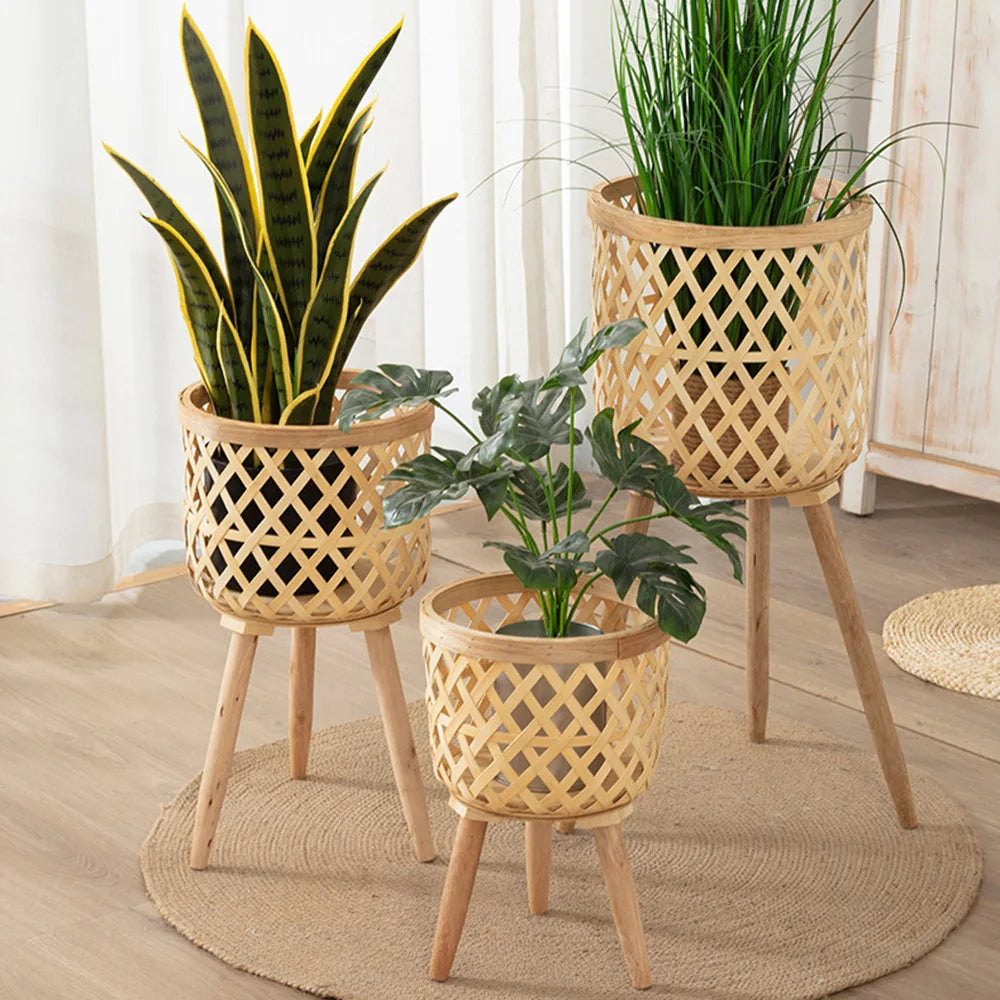 Handmade Bamboo Woven Flower Pot with Stand  Plant Flower Display Storage Stand DIY Storage Nursery Pots Home Decoration